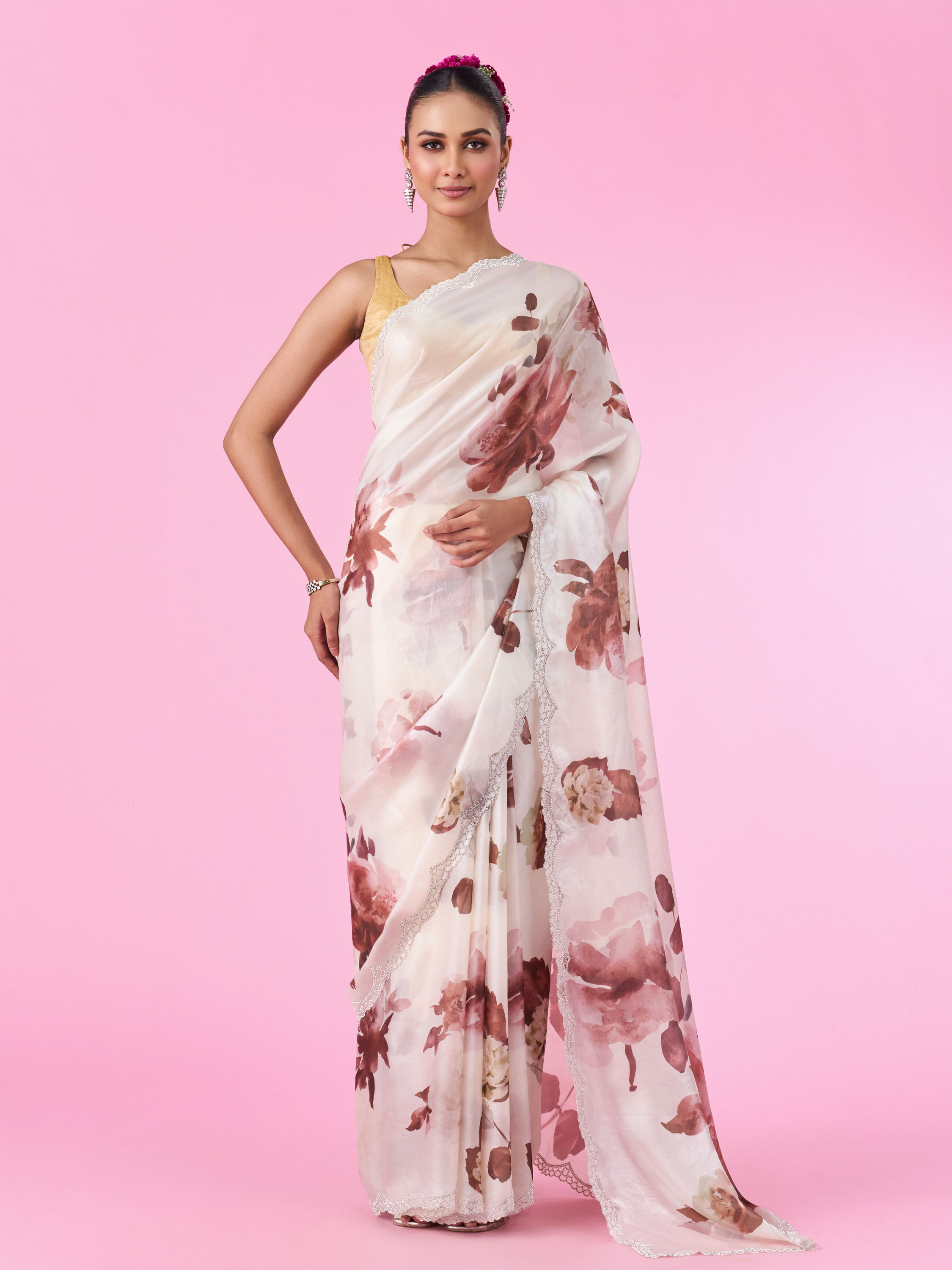 Mohey Women Elegant Brown Organza Saree