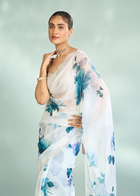 Mohey Women Enchanting Azure Organza Saree