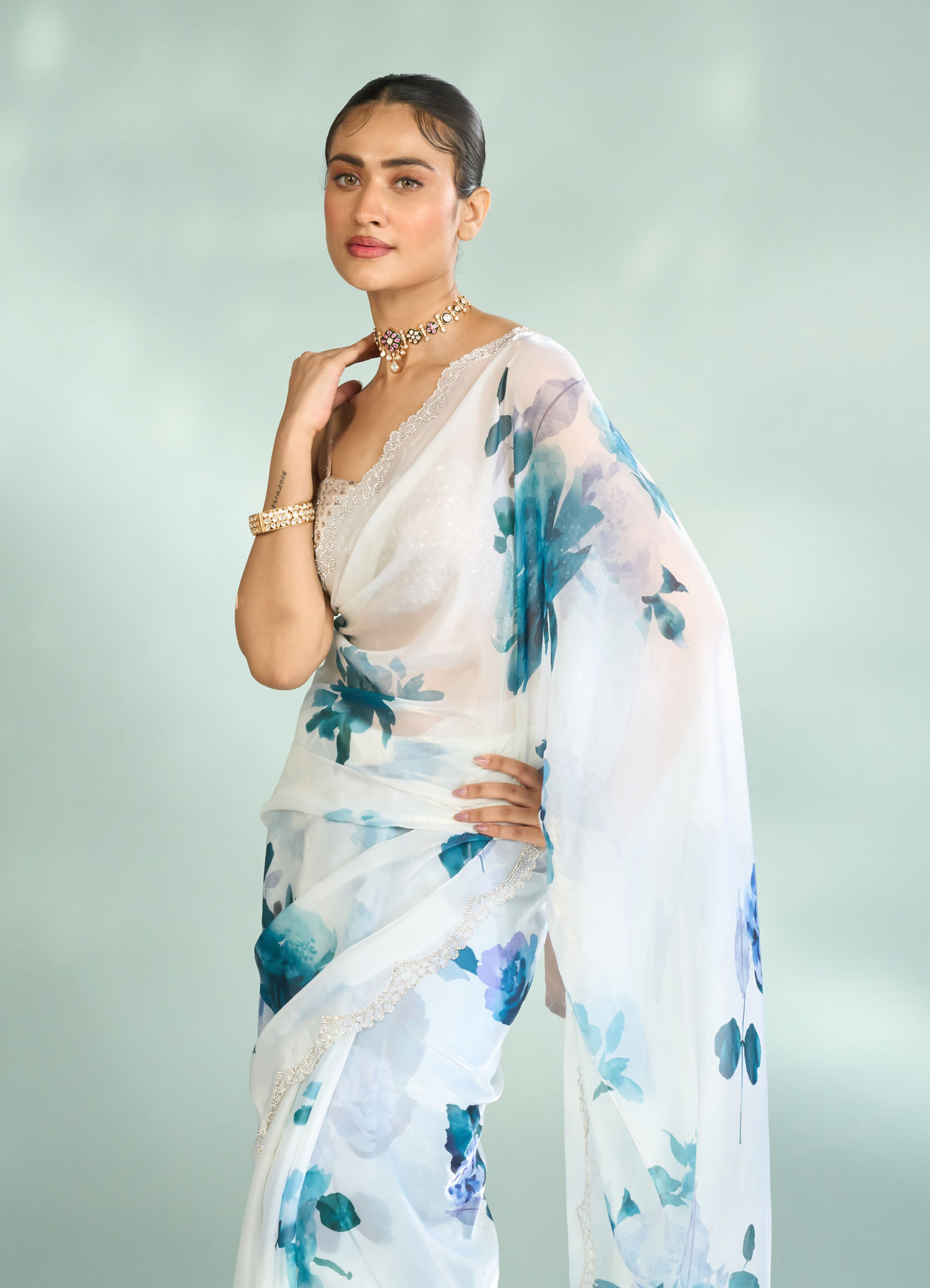 Mohey Women Enchanting Azure Organza Saree