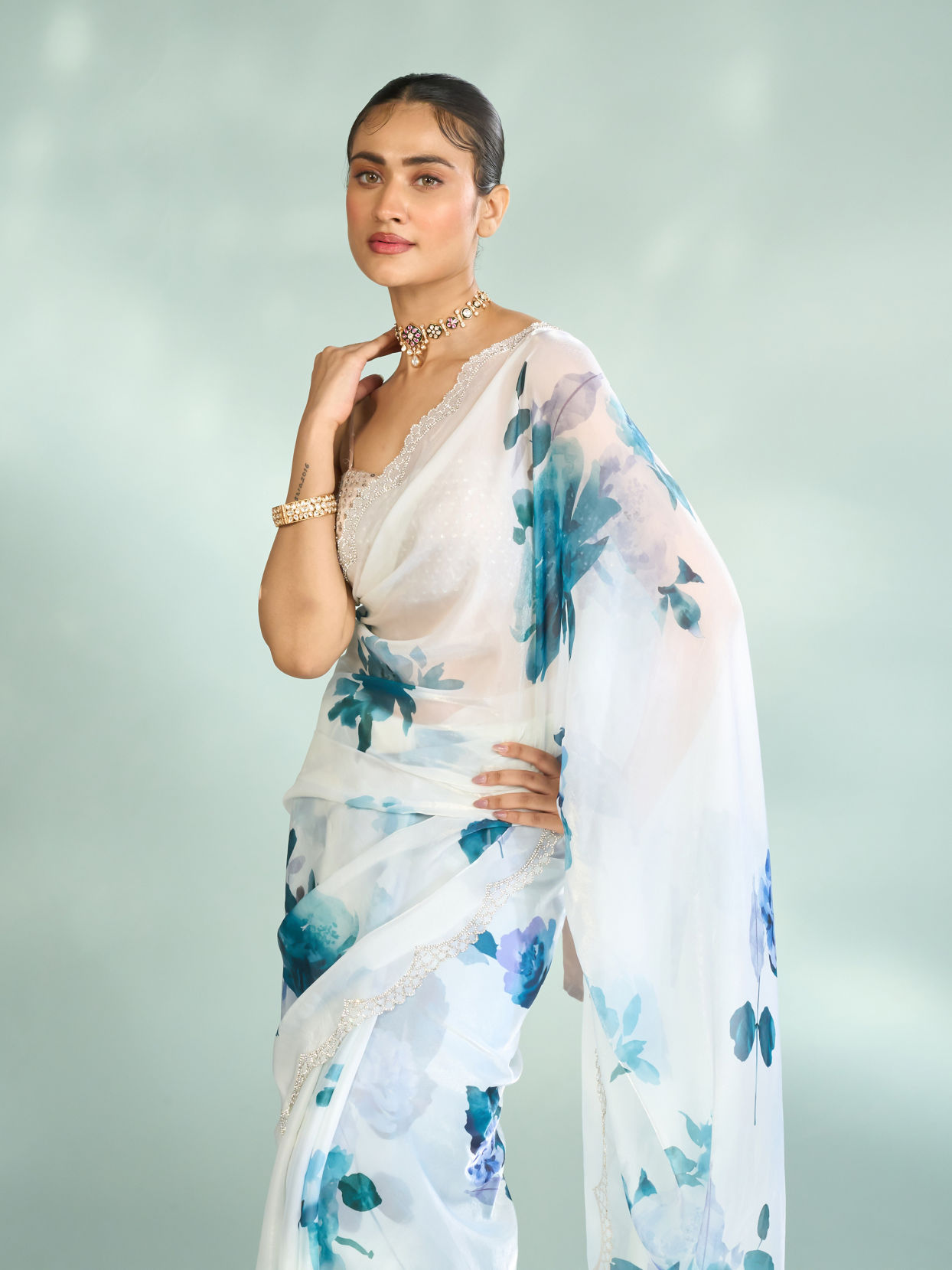 Mohey Women Enchanting Azure Organza Saree