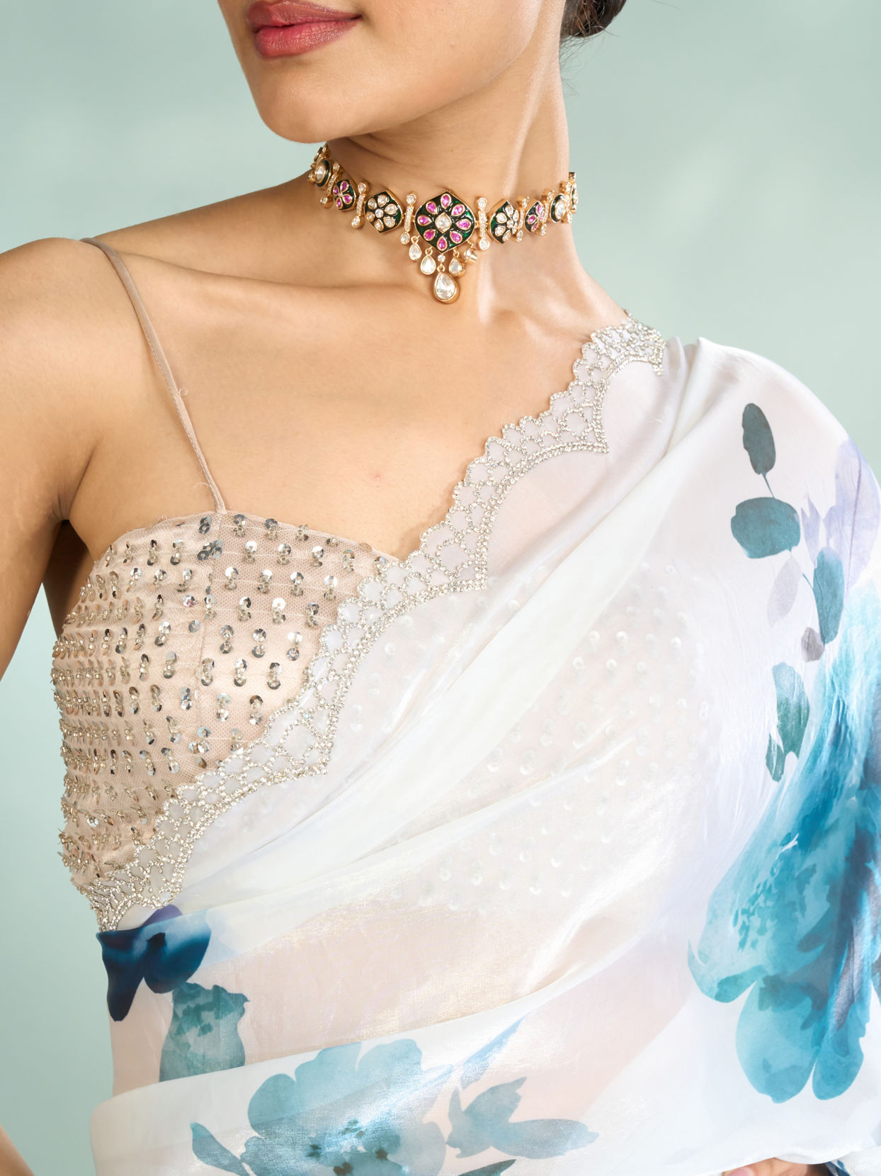 Mohey Women Enchanting Azure Organza Saree