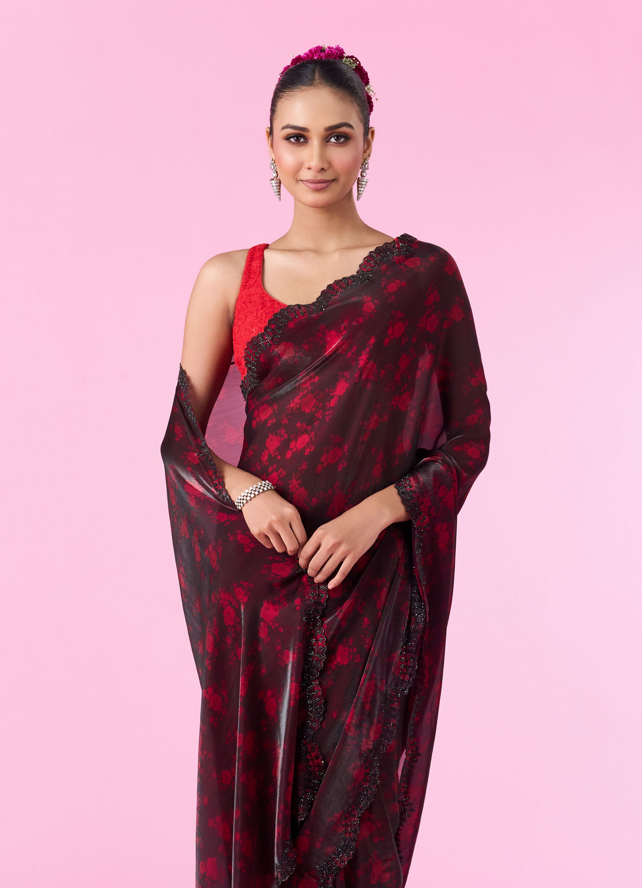 Mohey Women Pink Allure Organza Saree