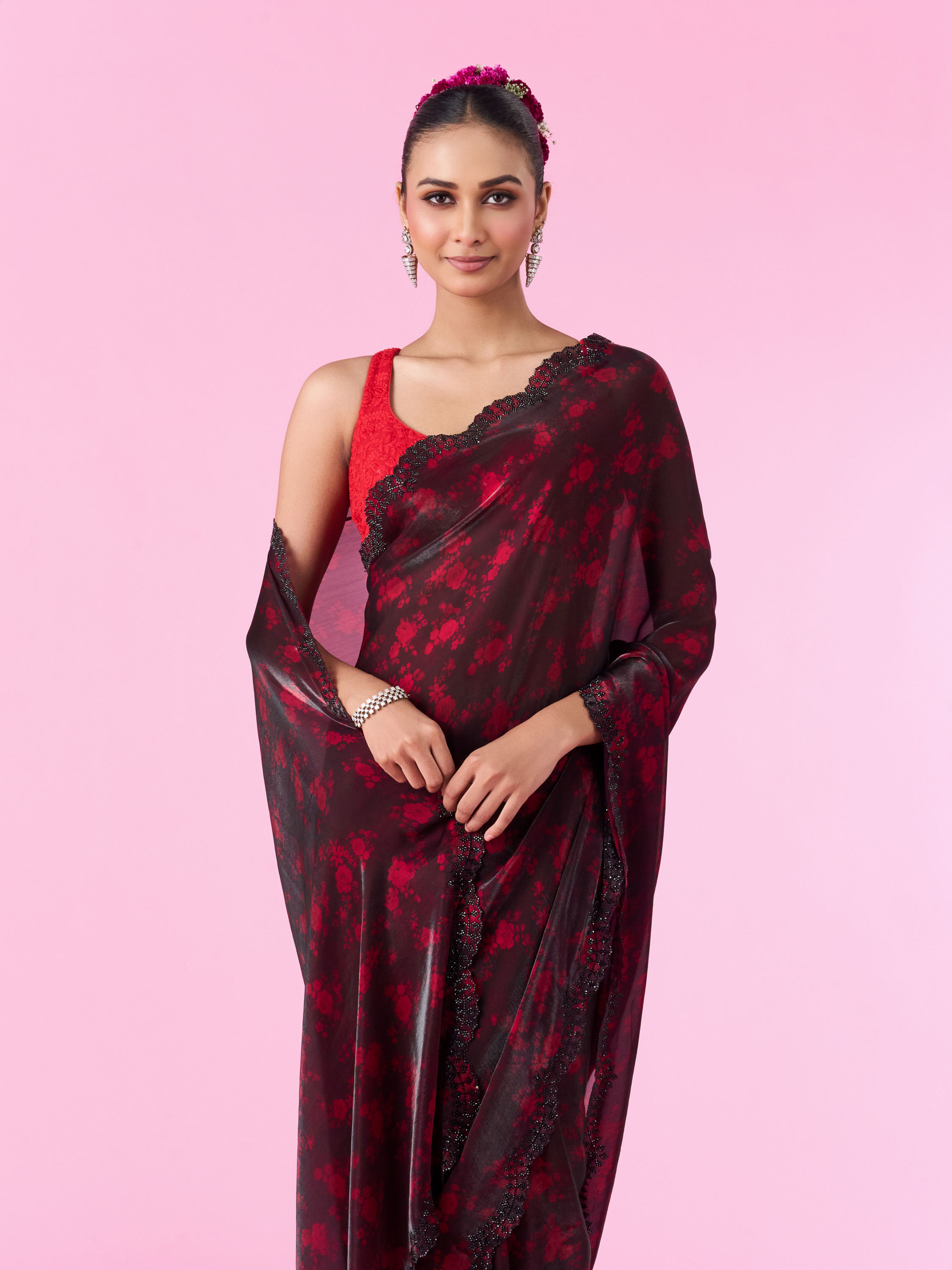 Mohey Women Pink Allure Organza Saree