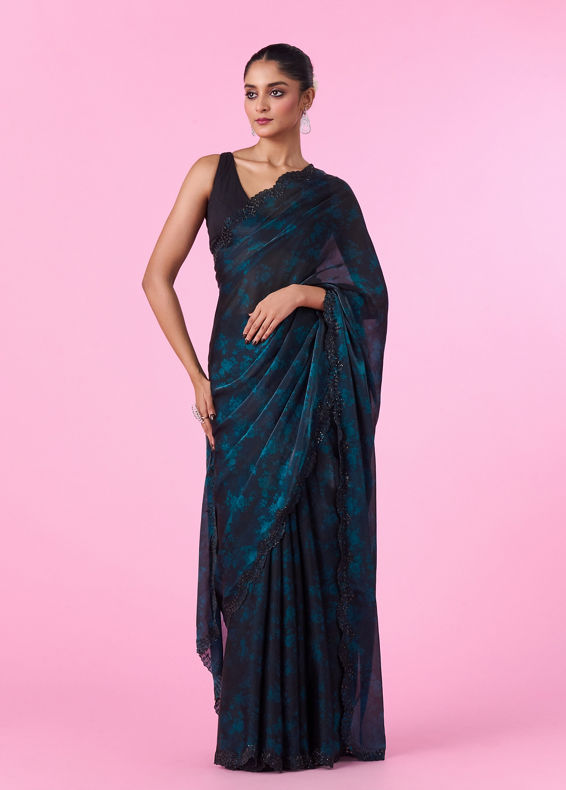 Mohey Women Elegant Blue Organza Saree