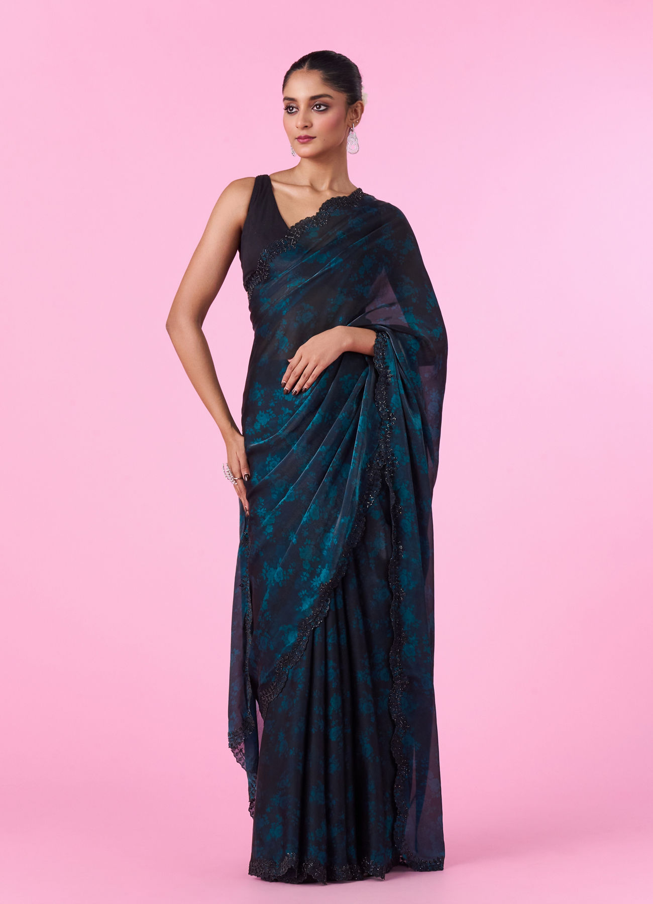 Mohey Women Elegant Blue Organza Saree