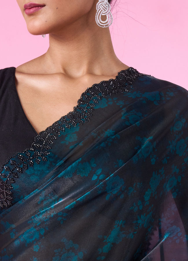 Mohey Women Elegant Blue Organza Saree