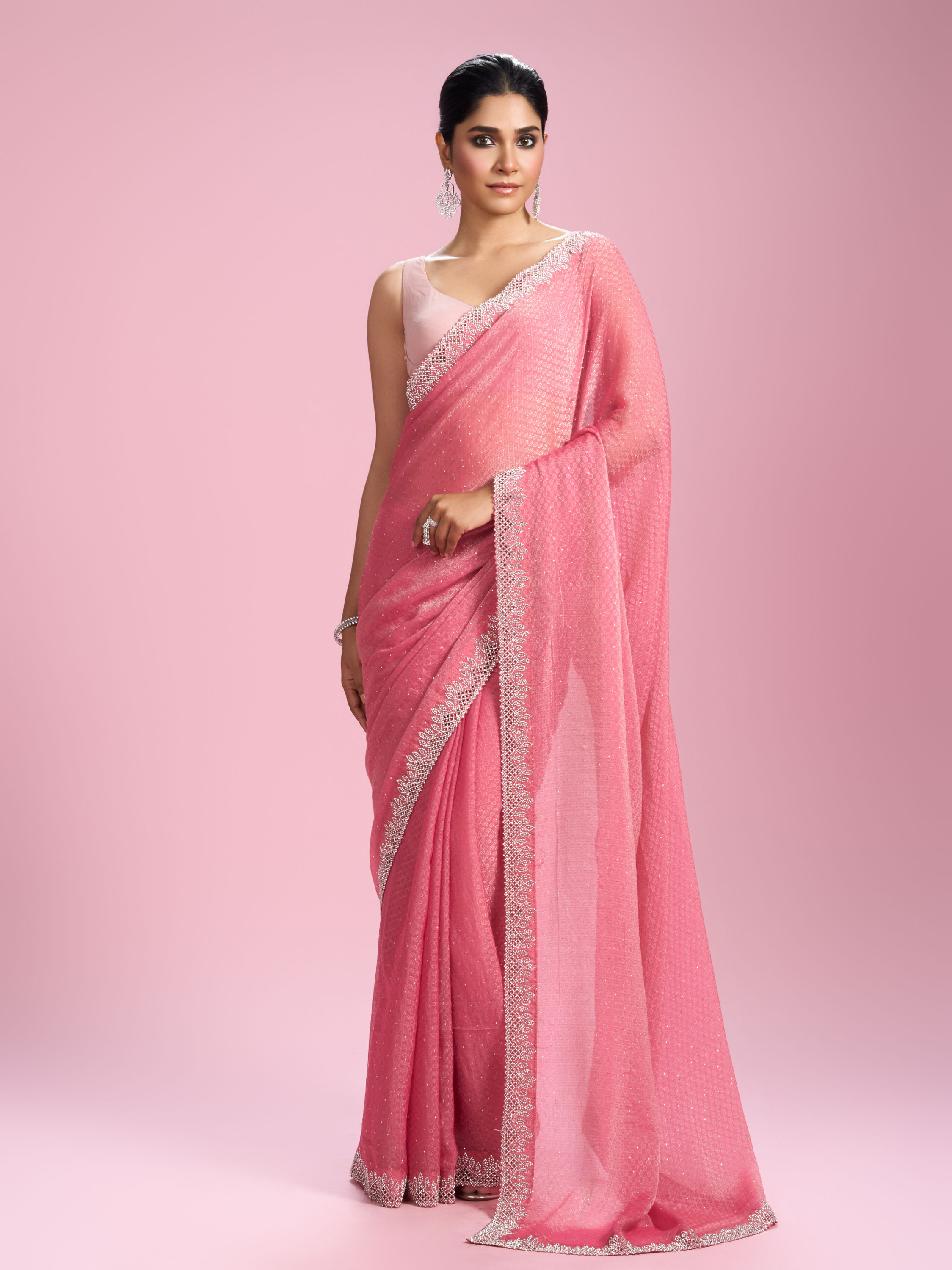 Mohey Women Pink Organza Elegance Saree
