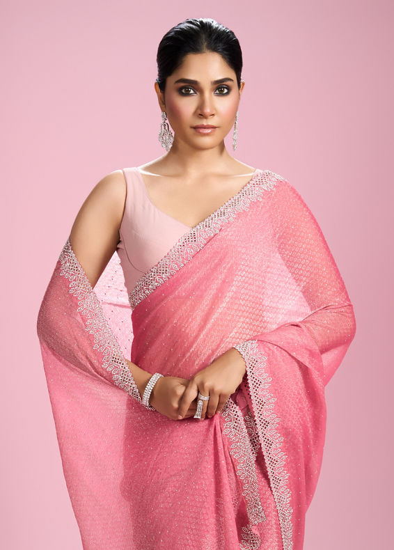 Mohey Women Pink Organza Elegance Saree