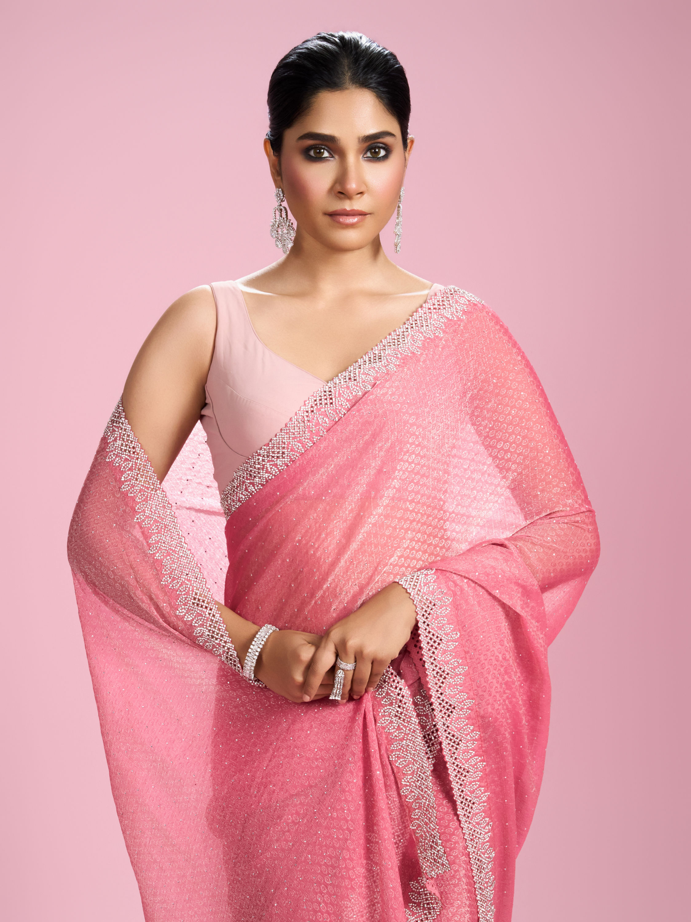 Mohey Women Pink Organza Elegance Saree