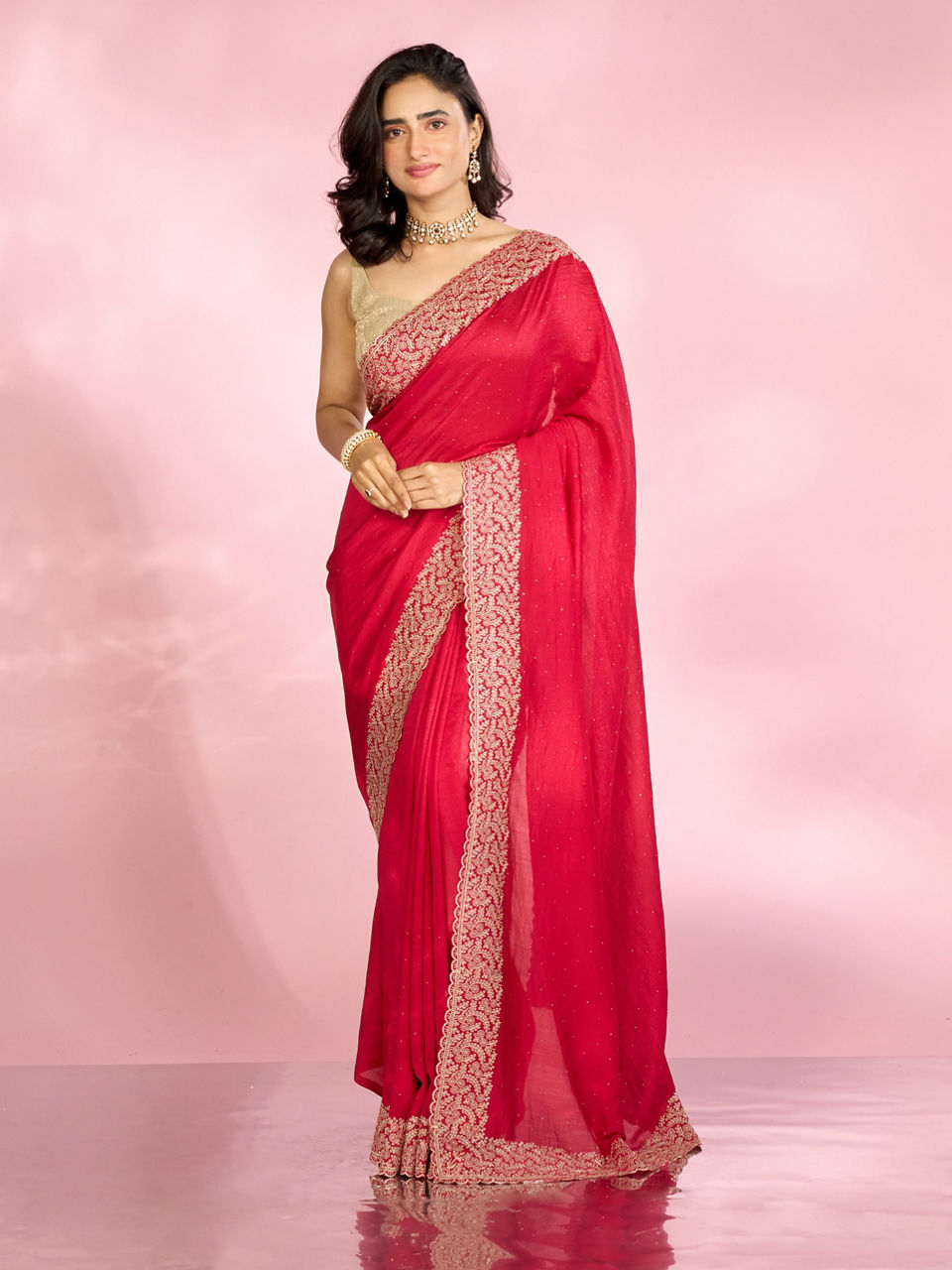 Mohey Women Opulent Rani Pink Chinon Saree