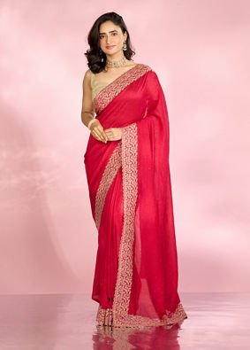 Mohey Women Opulent Rani Pink Chinon Saree