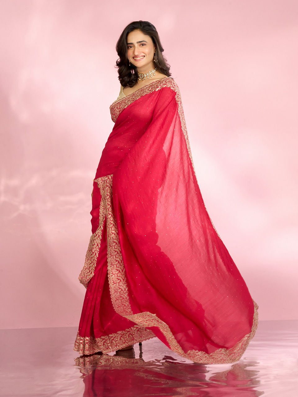 Mohey Women Opulent Rani Pink Chinon Saree