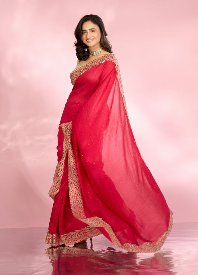 Mohey Women Opulent Rani Pink Chinon Saree