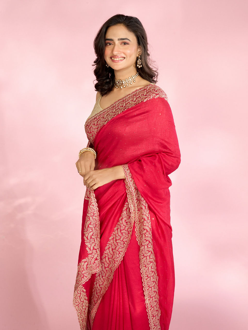 Mohey Women Opulent Rani Pink Chinon Saree