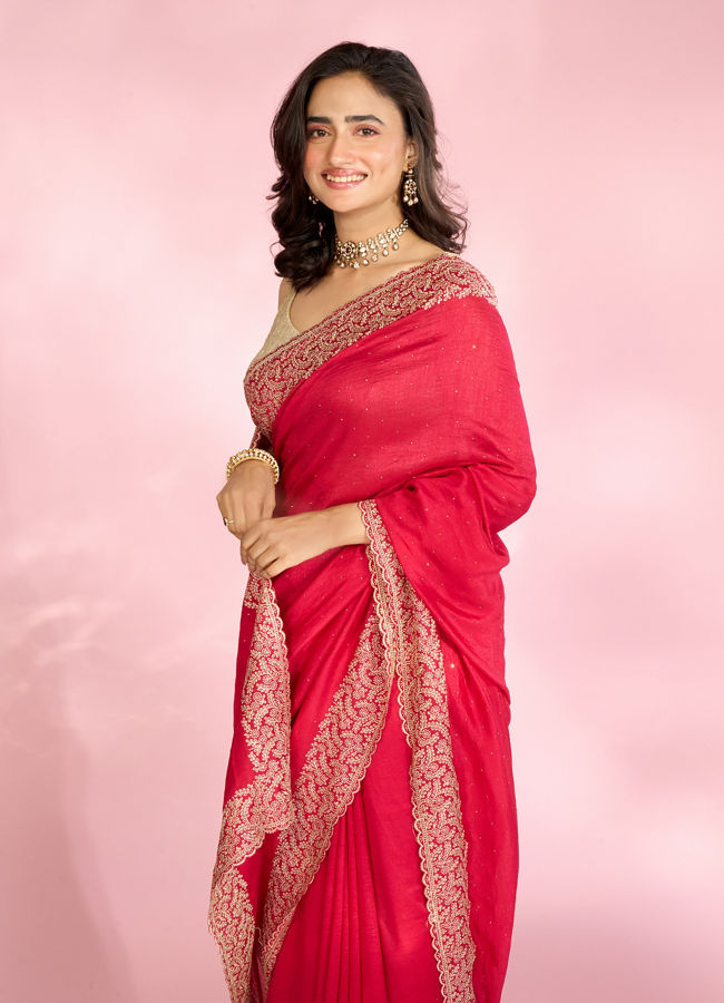 Mohey Women Opulent Rani Pink Chinon Saree