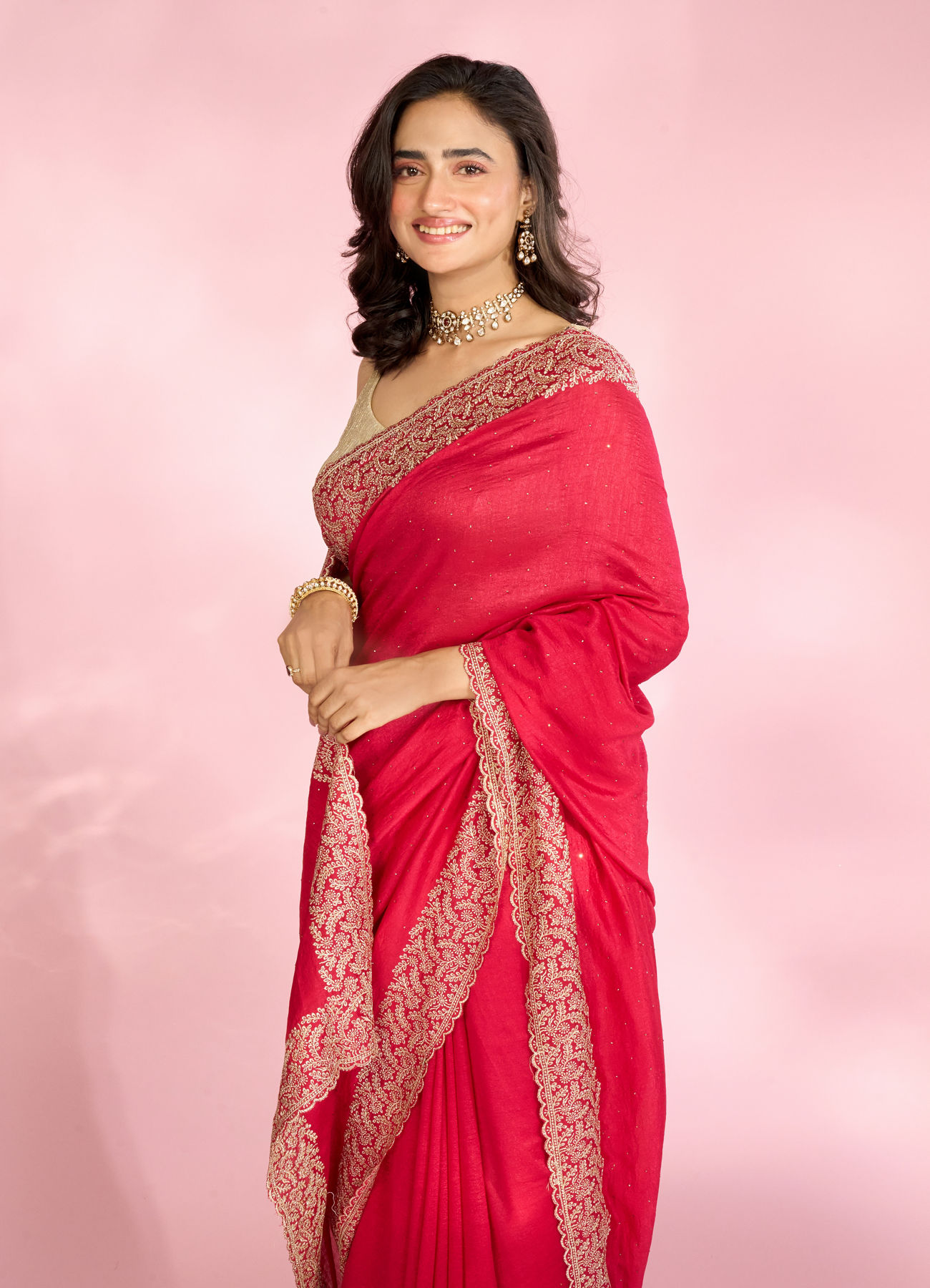 Mohey Women Opulent Rani Pink Chinon Saree