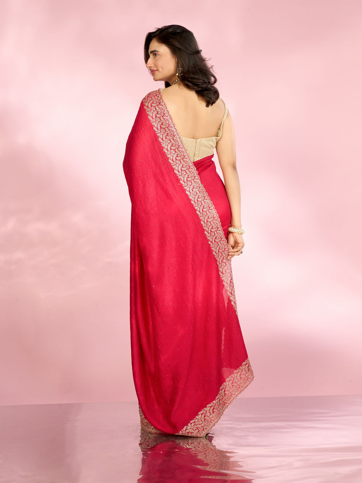 Mohey Women Opulent Rani Pink Chinon Saree