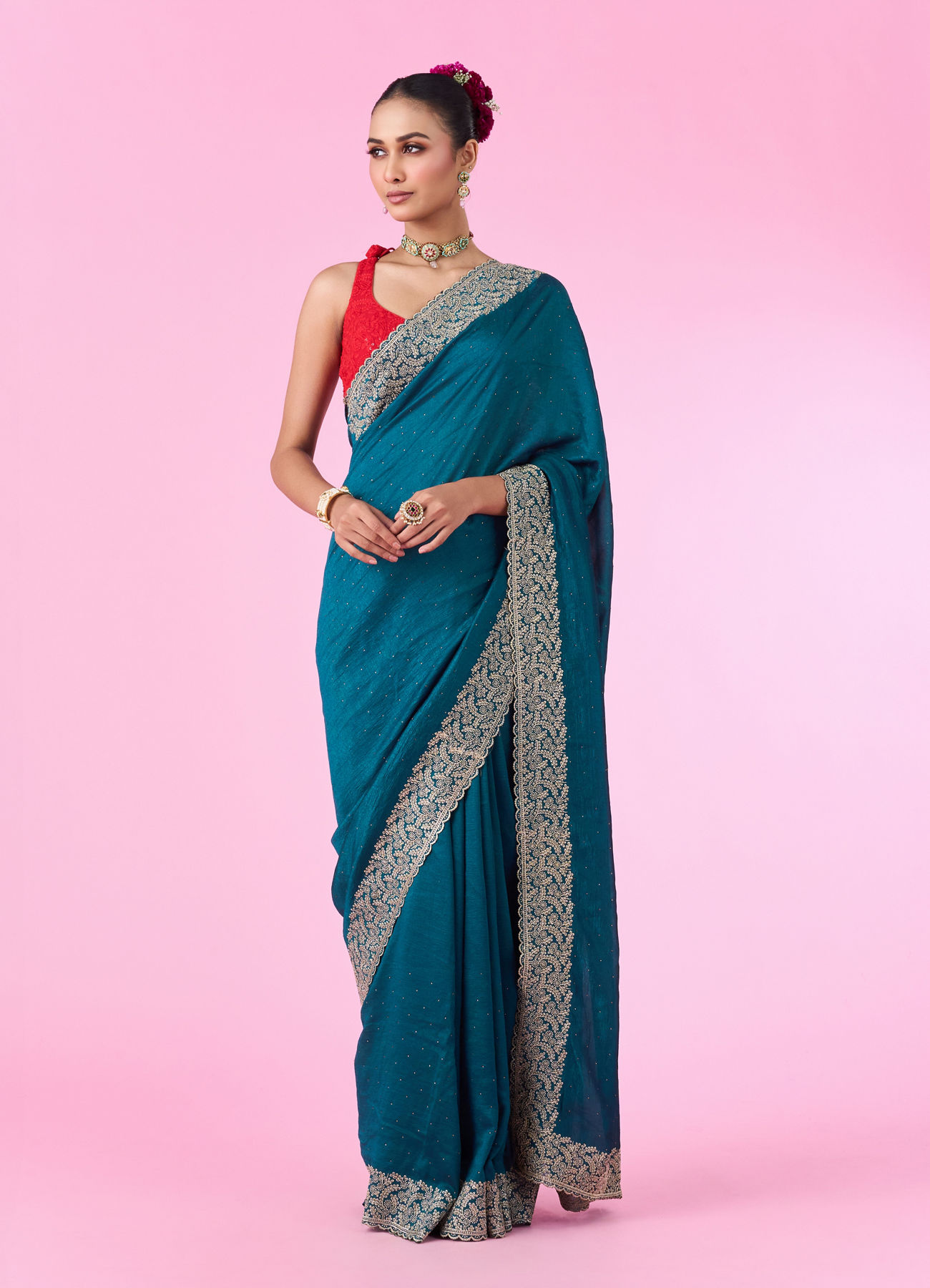 Mohey Women Emerald Elegance Chinon Saree