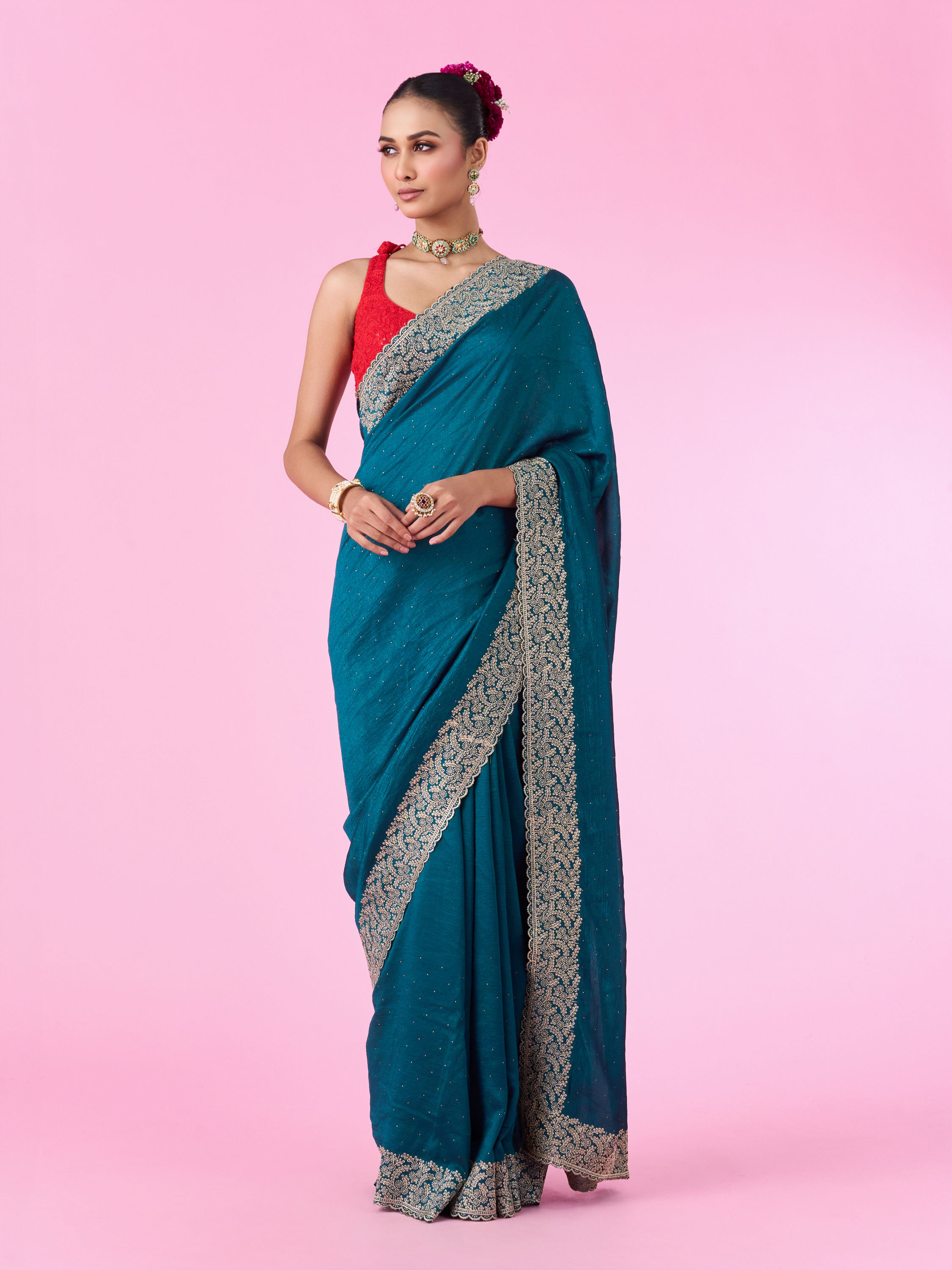 Mohey Women Emerald Elegance Chinon Saree