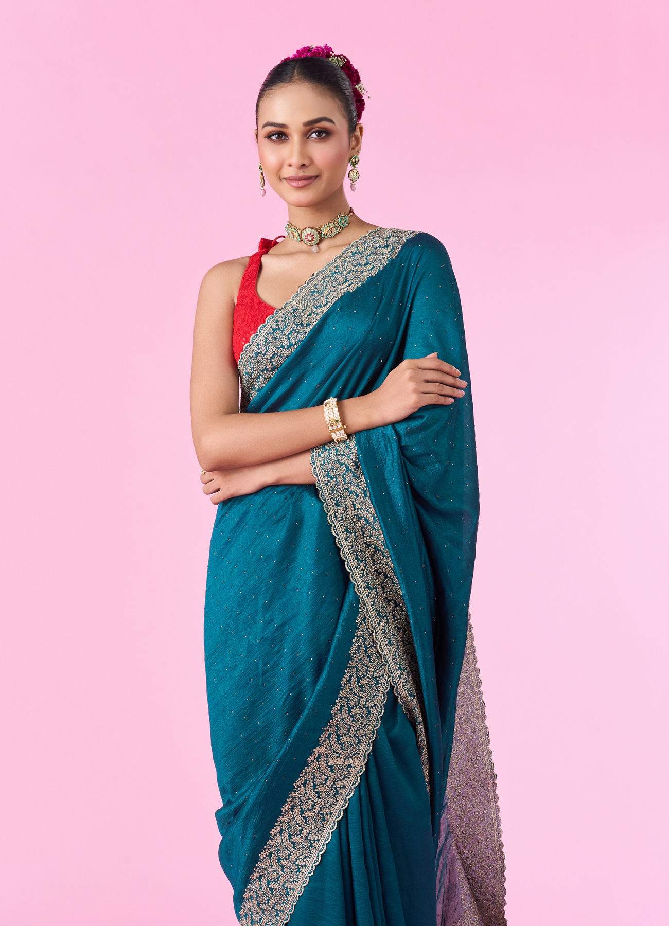 Mohey Women Emerald Elegance Chinon Saree