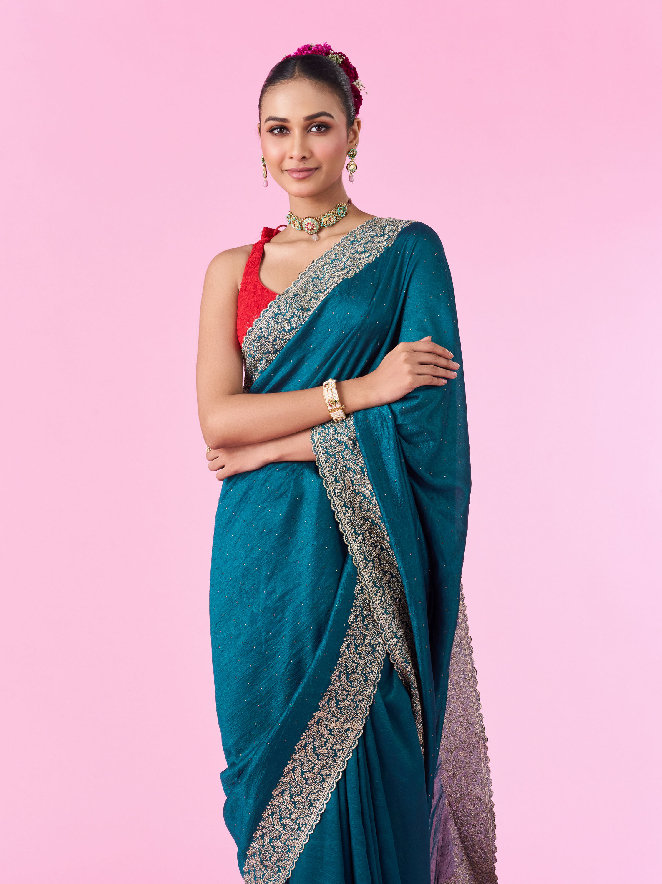 Mohey Women Emerald Elegance Chinon Saree
