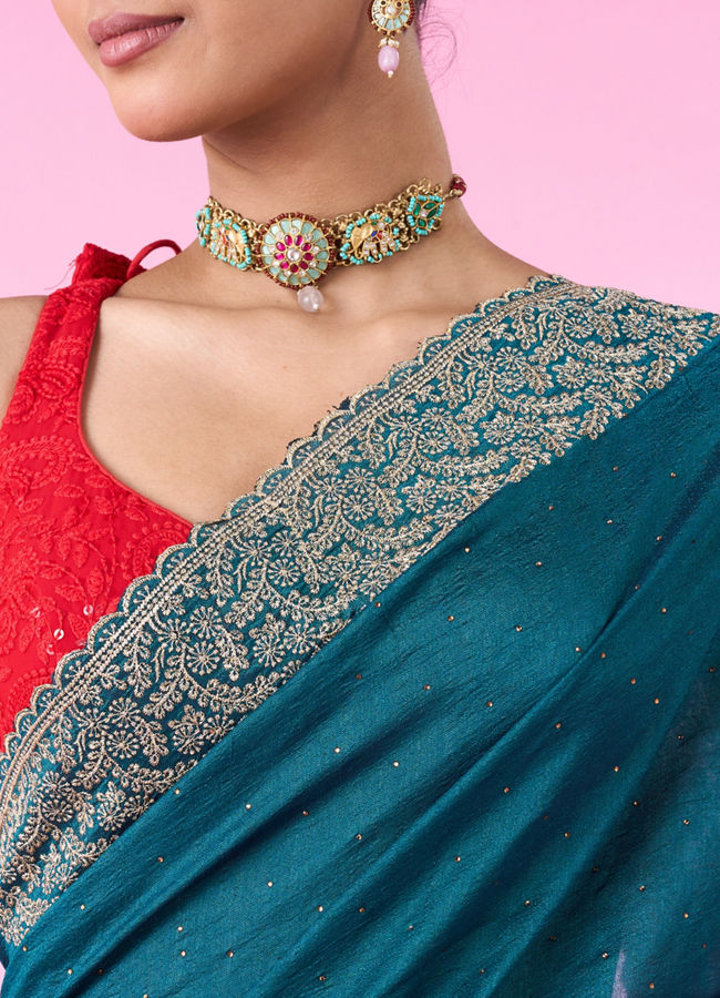 Mohey Women Emerald Elegance Chinon Saree