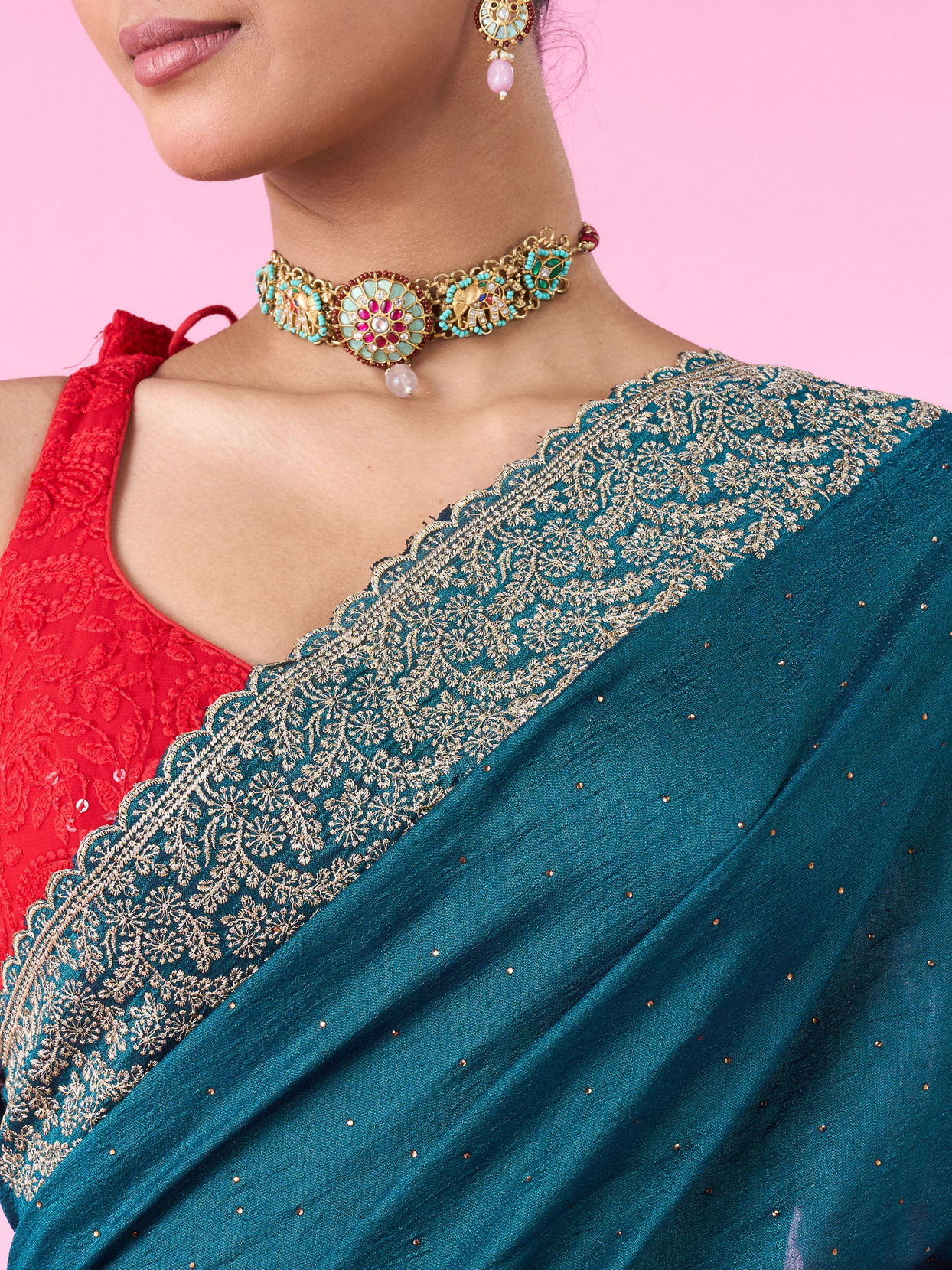 Mohey Women Emerald Elegance Chinon Saree