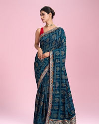 Mohey Women Elegant Teal Blue Chinon Saree
