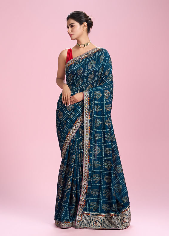 Mohey Women Elegant Teal Blue Chinon Saree