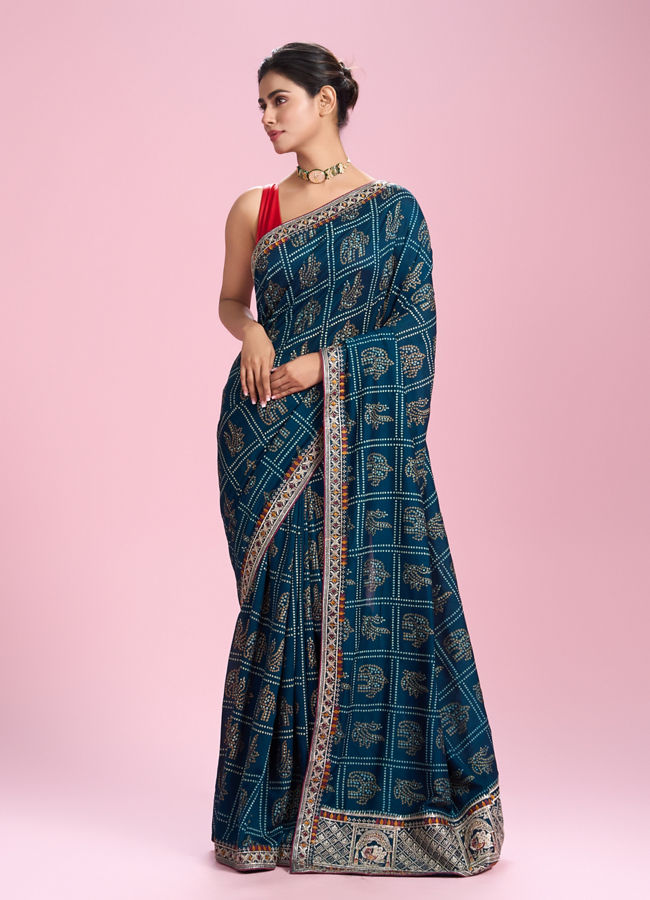 Mohey Women Elegant Teal Blue Chinon Saree