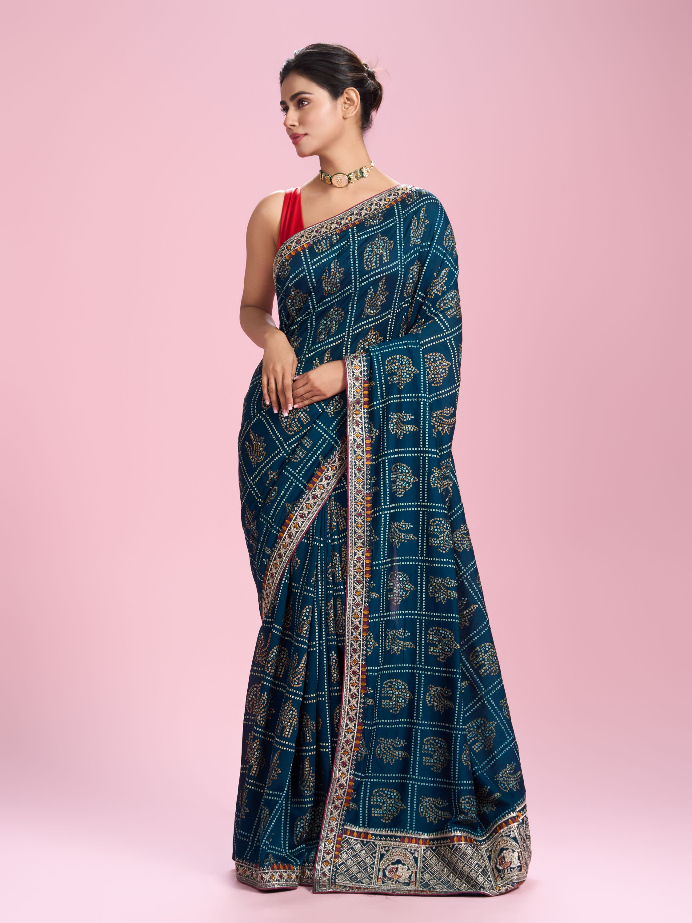 Mohey Women Elegant Teal Blue Chinon Saree