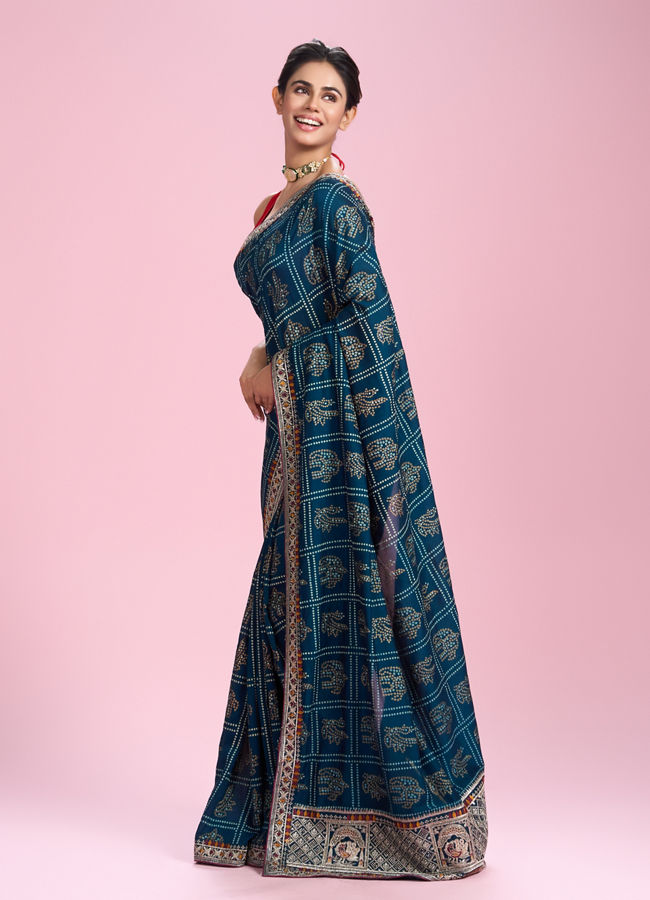 Mohey Women Elegant Teal Blue Chinon Saree