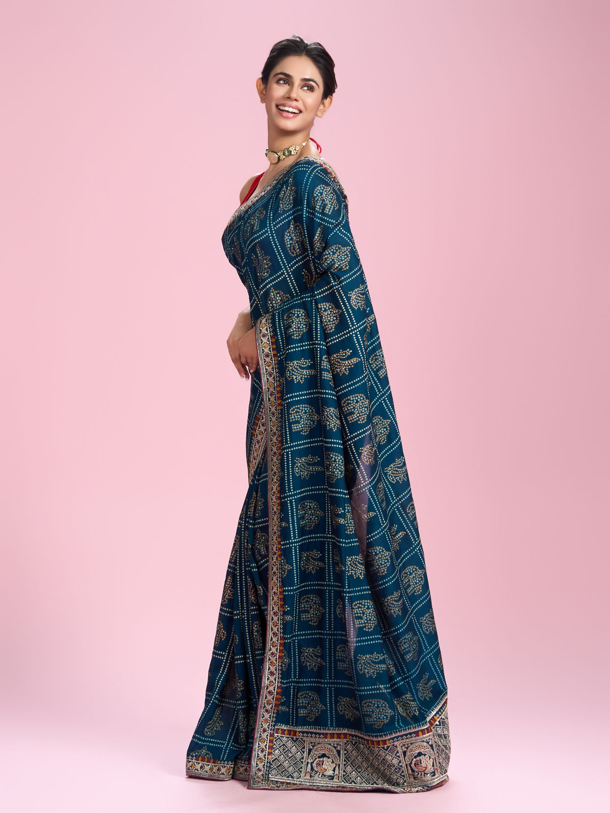 Mohey Women Elegant Teal Blue Chinon Saree
