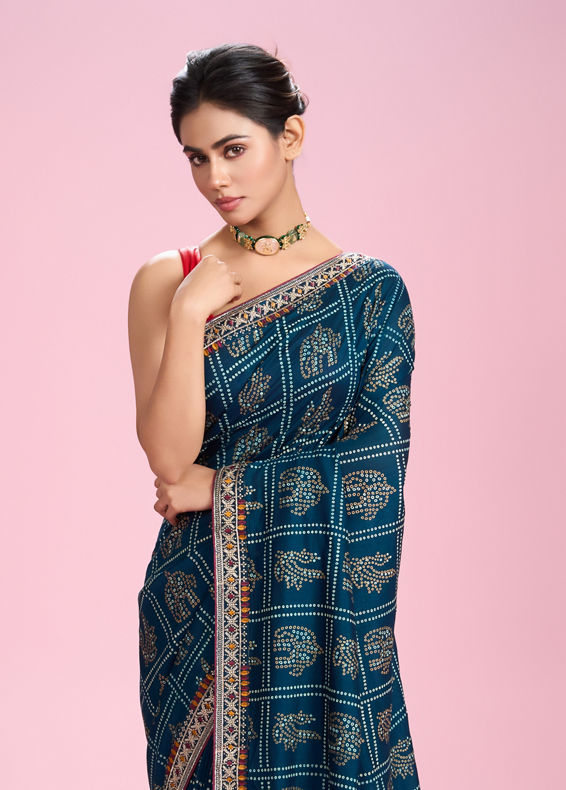 Mohey Women Elegant Teal Blue Chinon Saree
