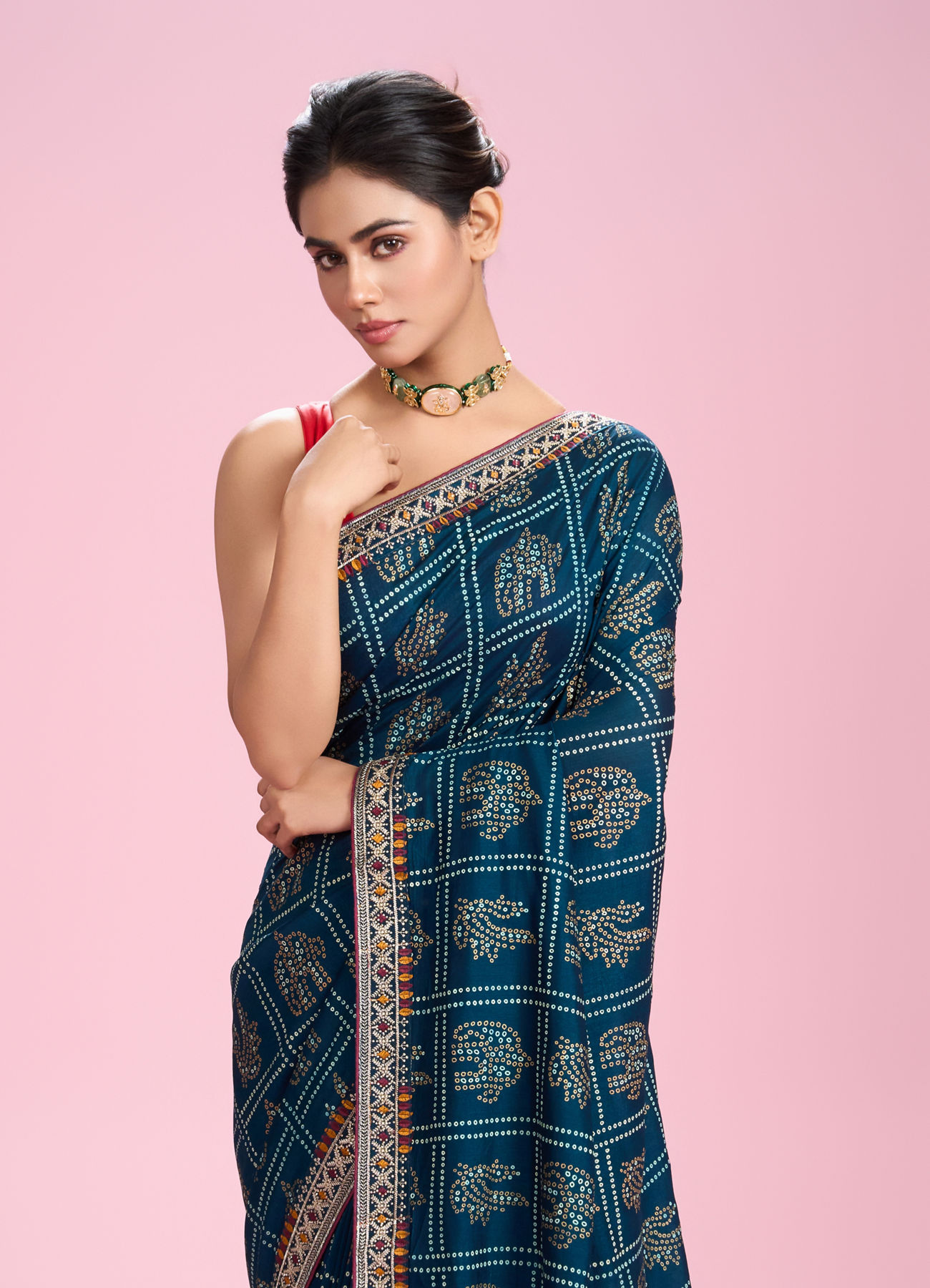 Mohey Women Elegant Teal Blue Chinon Saree