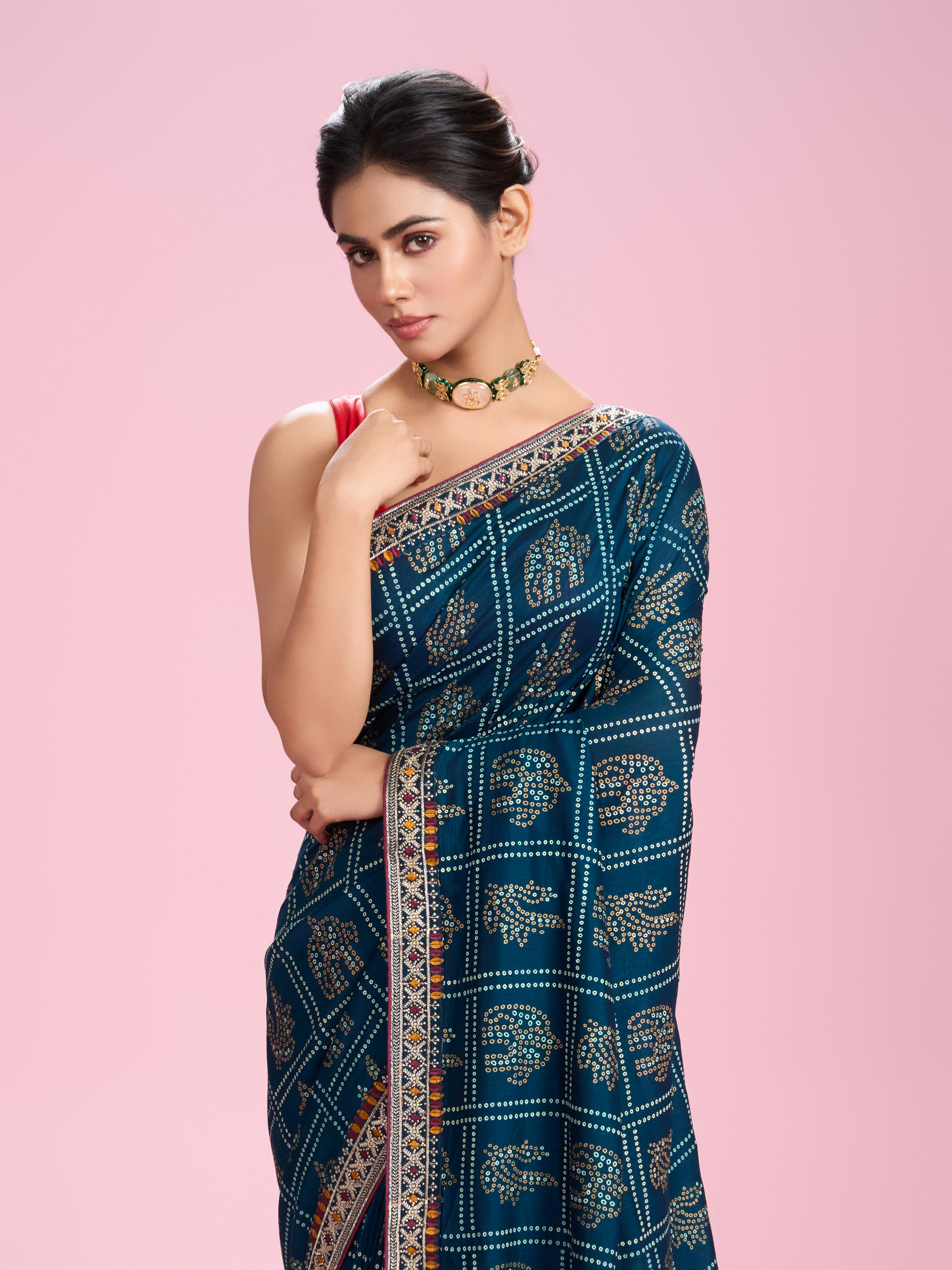 Mohey Women Elegant Teal Blue Chinon Saree