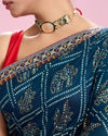 Mohey Women Elegant Teal Blue Chinon Saree