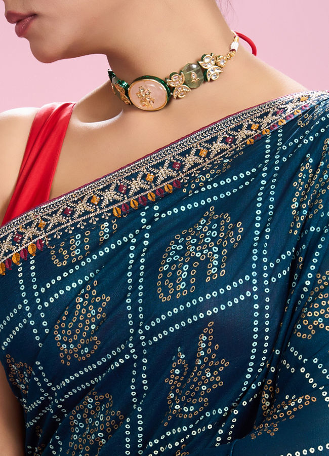 Mohey Women Elegant Teal Blue Chinon Saree