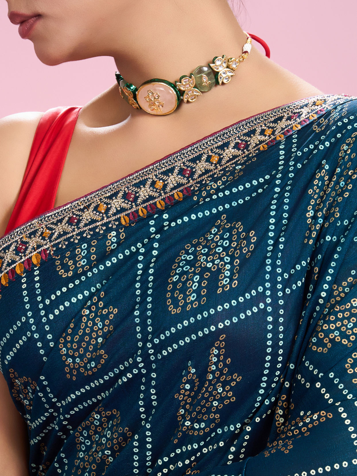 Mohey Women Elegant Teal Blue Chinon Saree
