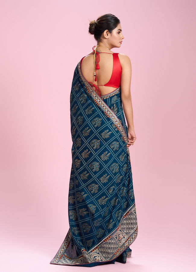 Mohey Women Elegant Teal Blue Chinon Saree