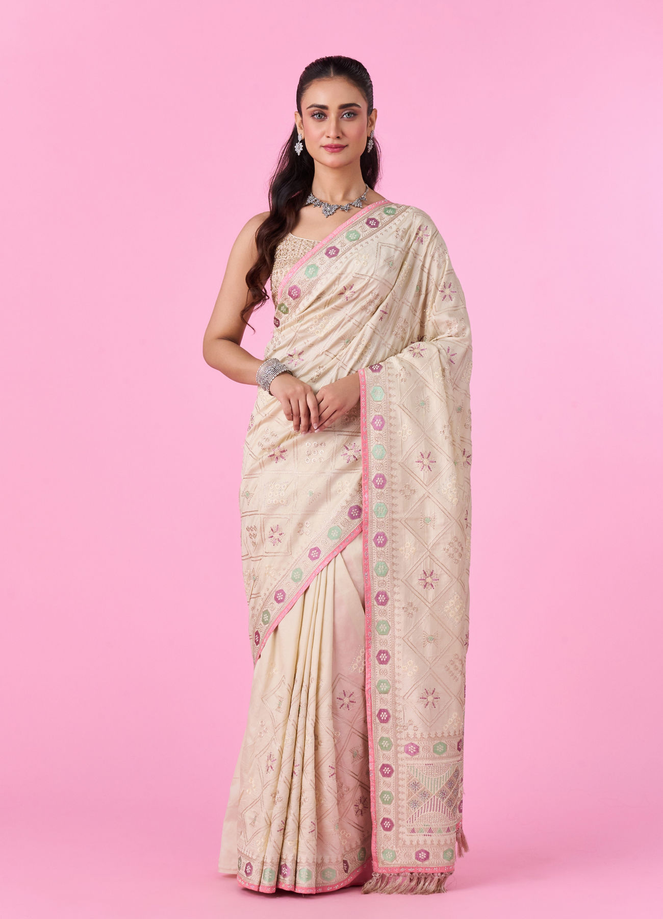 Mohey Women Elegant Cream Chinon Saree