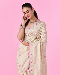 Mohey Women Elegant Cream Chinon Saree