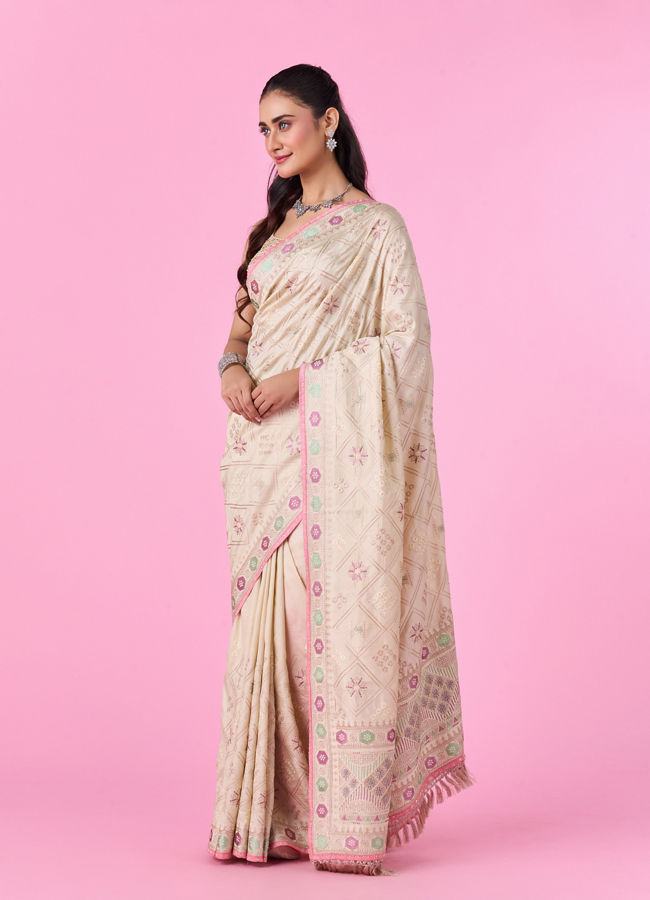 Mohey Women Elegant Cream Chinon Saree