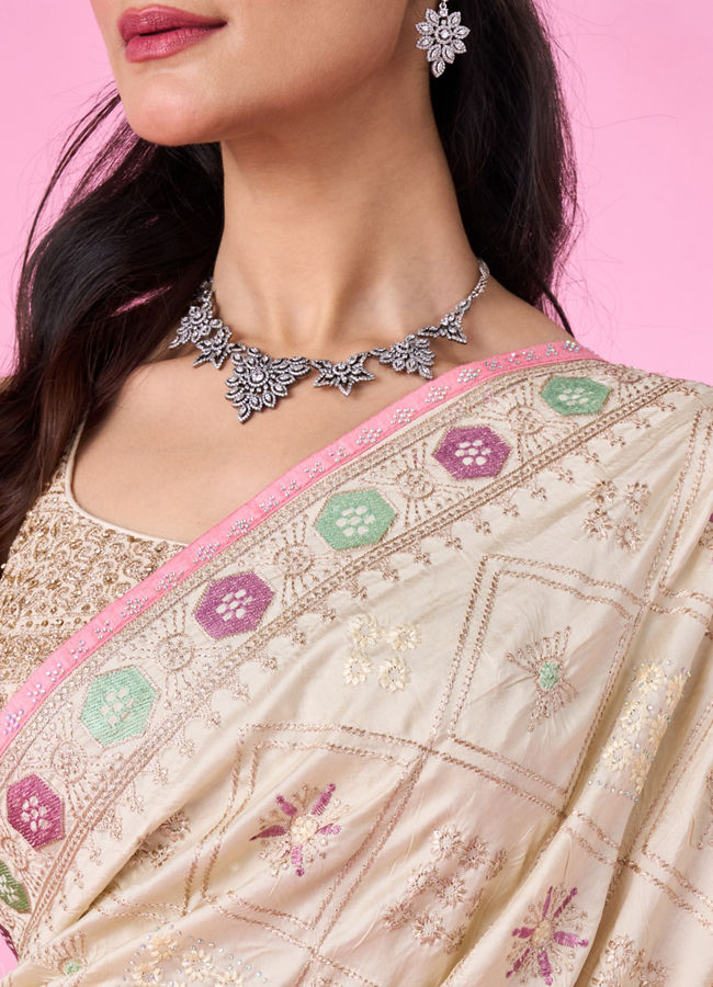 Mohey Women Elegant Cream Chinon Saree