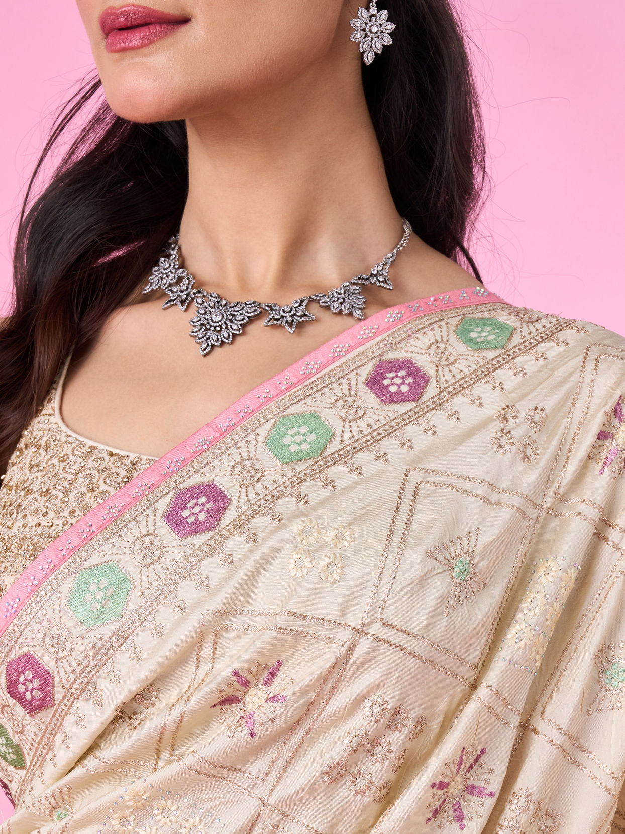 Mohey Women Elegant Cream Chinon Saree