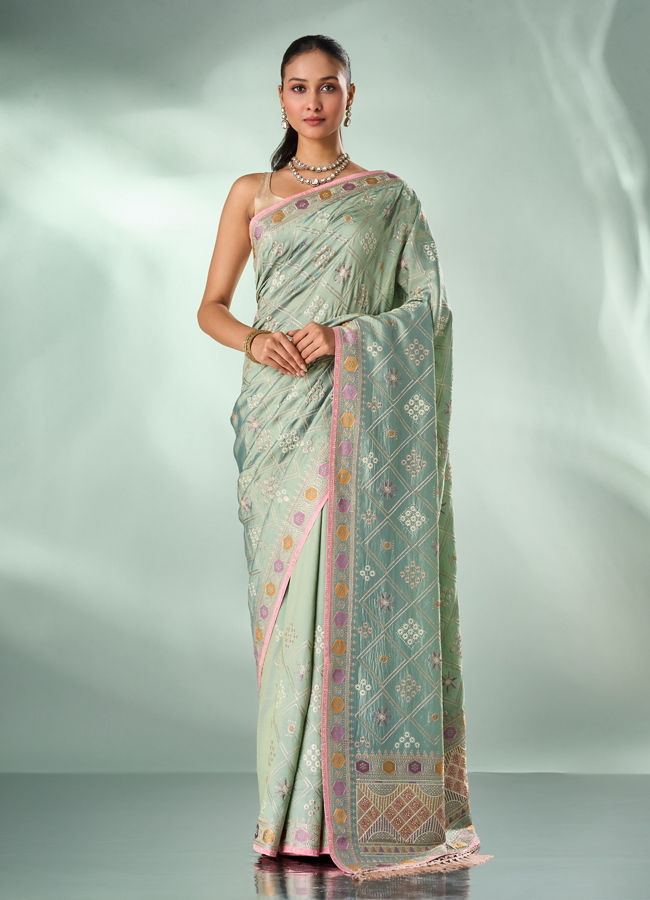 Mohey Women Pista Chinon Saree with Stone Work