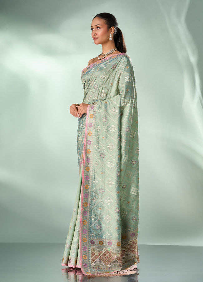 Mohey Women Pista Chinon Saree with Stone Work