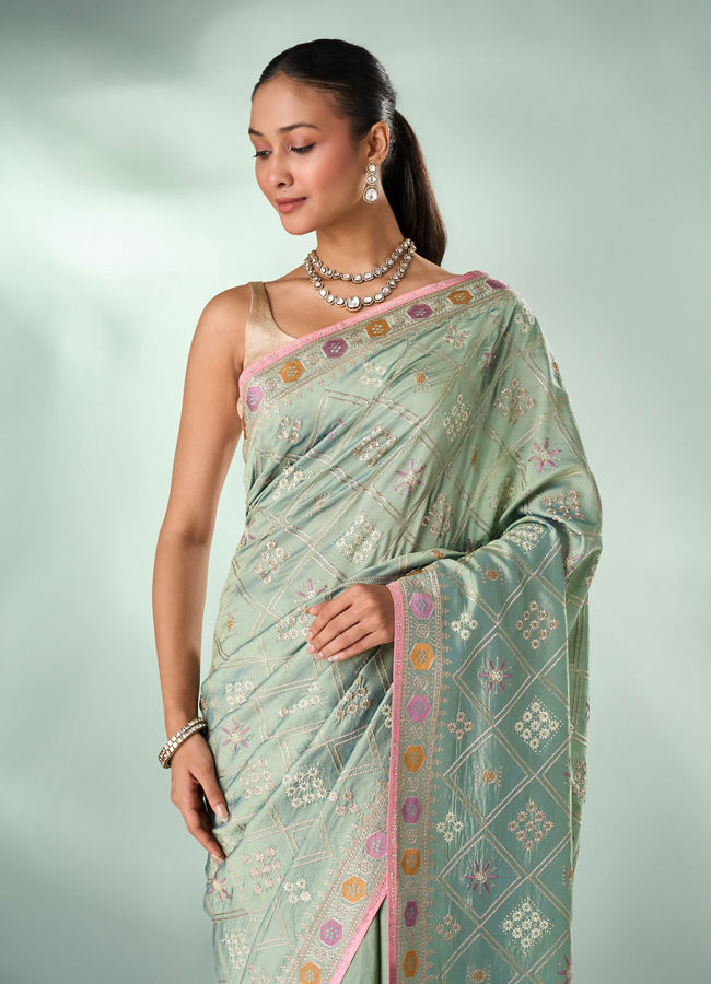 Mohey Women Pista Chinon Saree with Stone Work