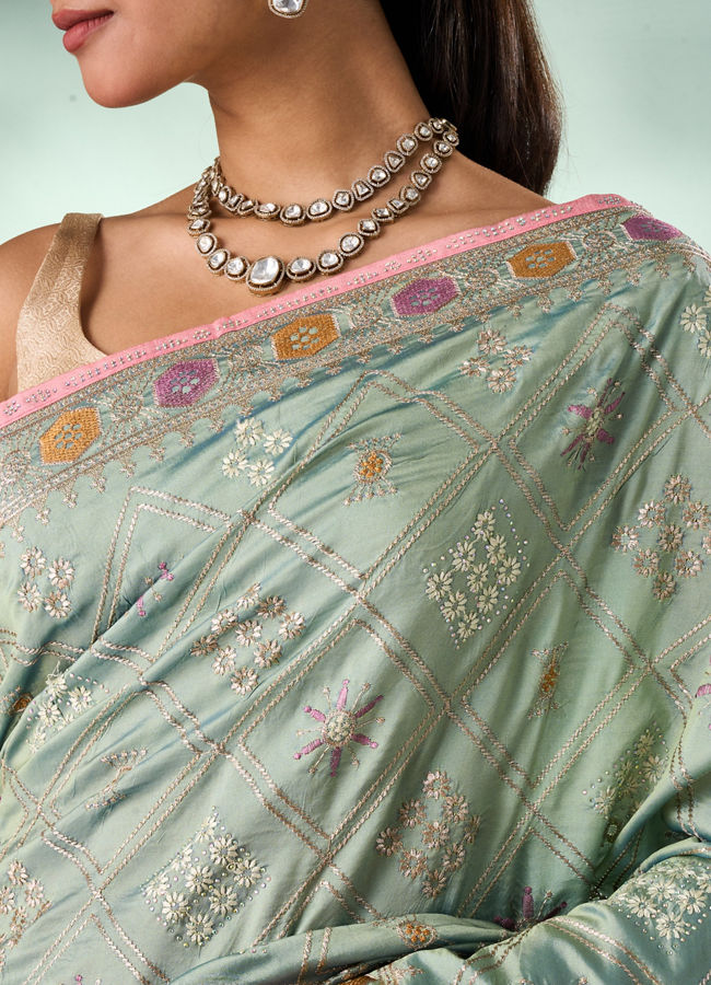 Mohey Women Pista Chinon Saree with Stone Work
