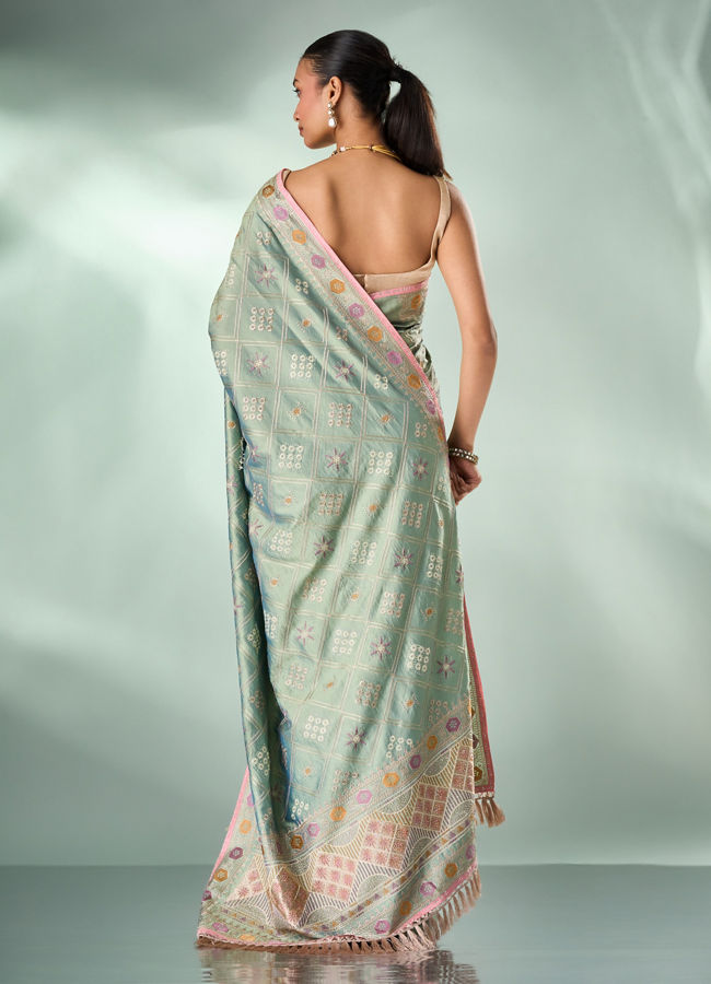 Mohey Women Pista Chinon Saree with Stone Work